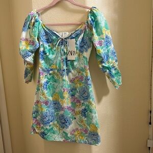 ZARA Floral Poplin Off the Shoulder Mini dress Size: XS